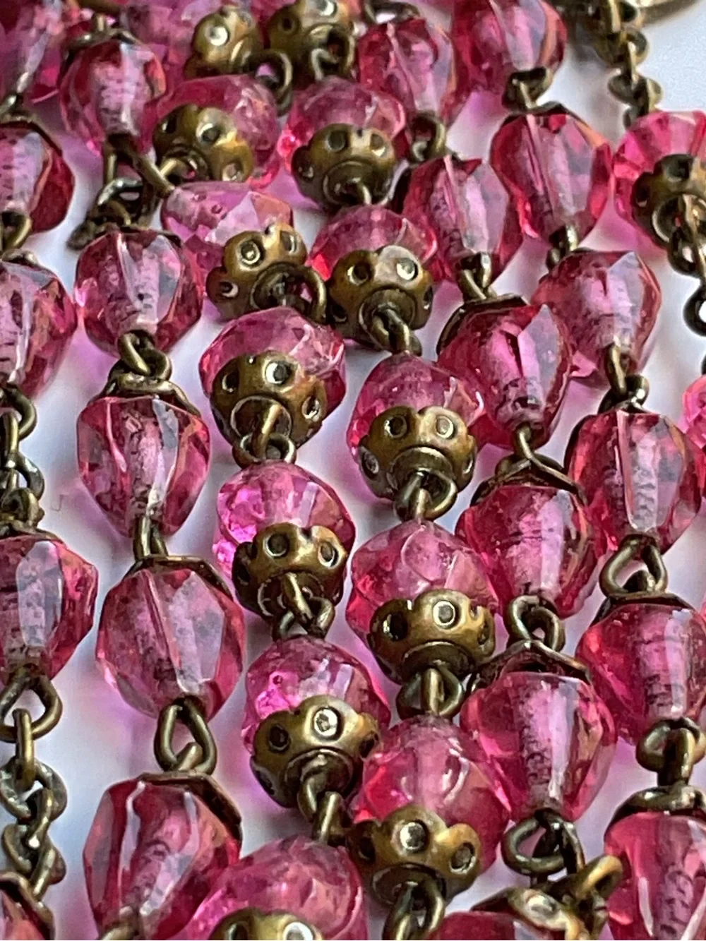 Vintage Pink Cone Shaped Glass Rosary Sorrowful Mother Jesus Carrying Cross